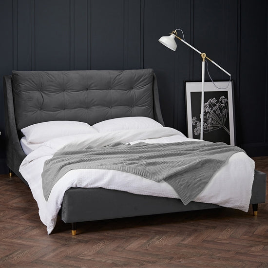 Sloane Velvet Upholstered Double Bed In Grey