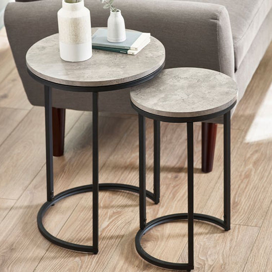 Staten Round Wooden Nest Of Side Tables In Concrete Effect