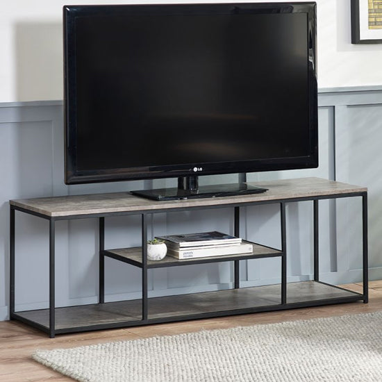 Staten Wooden TV Stand With Shelves In Concrete Effect