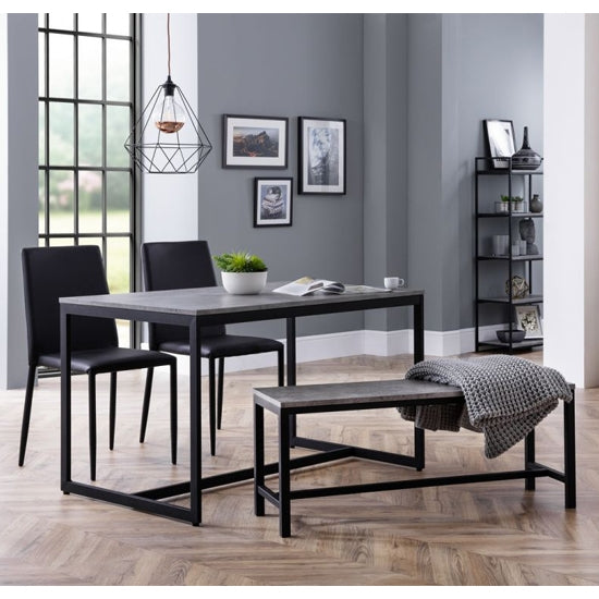 Staten Concrete Effect Dining Table With Bench And 2 Jazz Black Chairs