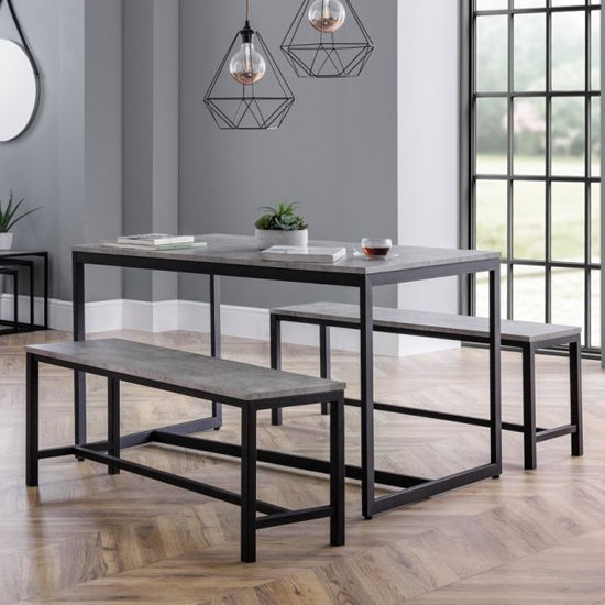 Staten Dining Table In Concrete Effect With 2 Benchs