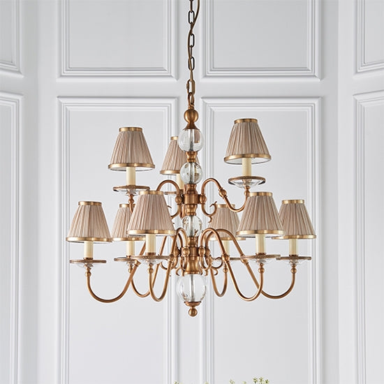 Tilburg 9 Lights Ceiling Pendant Light With Beige Shades In Antique Brass