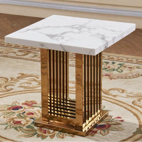 Tuscany Marble Effect Lamp Table In White With Rose Gold Stainless Steel Legs