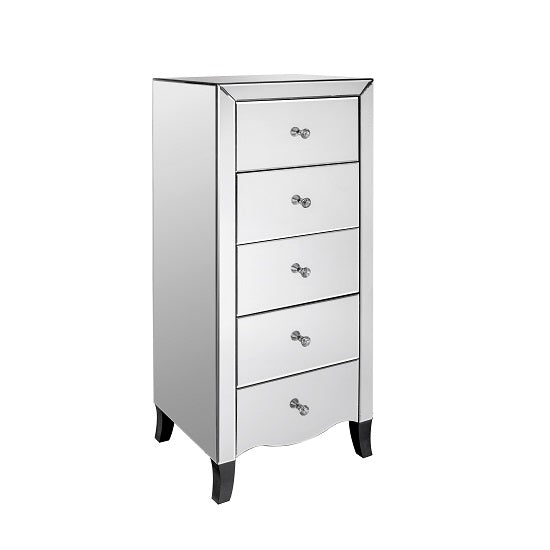 Valentina Tall Mirrored Wooden Chest Of Drawers With 5 Drawers