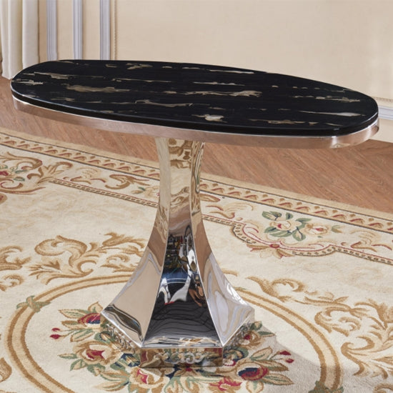 Vasto Oval Console Table In Black Marble Effect With Stainless Steel Base