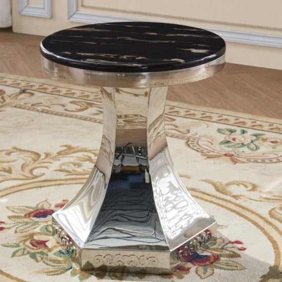 Vasto Round Lamp Table In Black Marble Effect With Stainless Steel Base