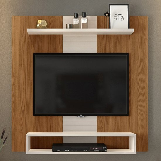 Vision Fixed TV Wall Panel With Shelf And Storage In Oak Effect And Gloss White