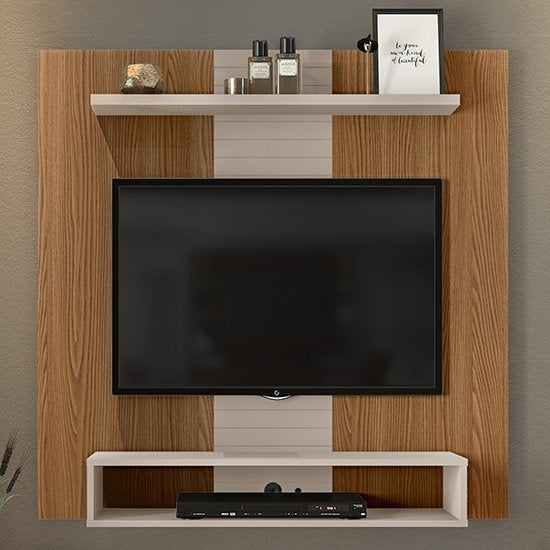 Vision Fixed TV Wall Panel With Shelf And Storage In Oak Effect And Grey