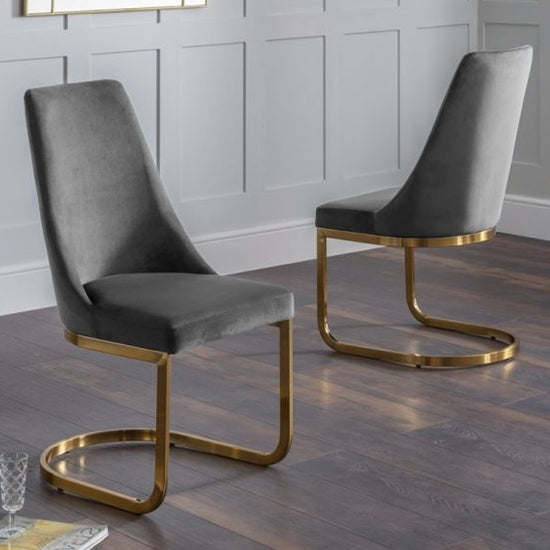 Vittoria Cantilever Grey Velvet Dining Chairs In Pair