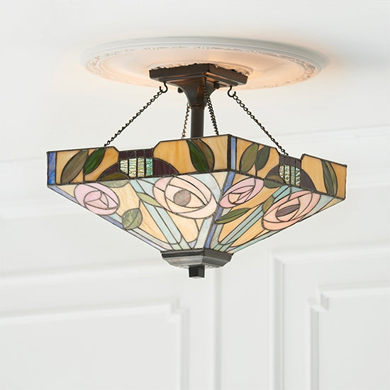 Willow Medium Tiffany Glass 2 Lights Semi Flush Ceiling Light In Dark Bronze