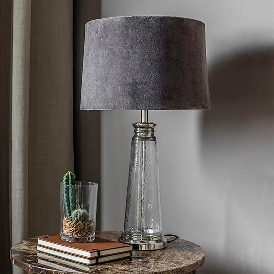 Winslet Grey Velvet Tapered Shade Table Lamp In Clear Glass Base