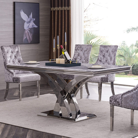 Zenith Natural Stone Dining Table In Marble Effect With Stainless Steel Base